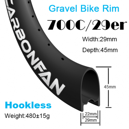 Width:29mm Depth:45mm 29er (700C) CX Gravel Carbon Mountain / Road Bike Rim Tubeless Ready Hookless
