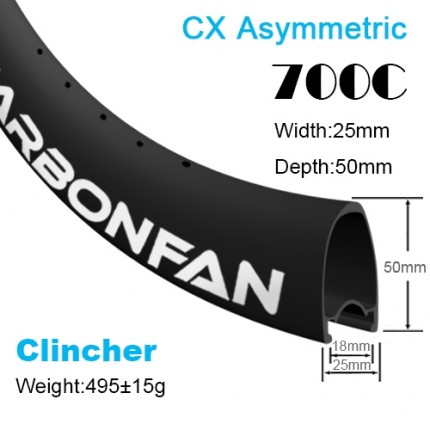 Depth:50mm Width:25mm Asymmetric Clincher 700C CX carbon road rims Tubeless Ready SG5038C