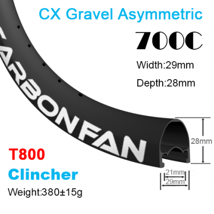 T800 Depth:28mm Width:29mm Asymmetric Clincher 700C Disc / CX / Gravel carbon road rims Tubeless Ready SG921