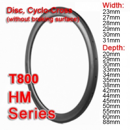 Symmetric & Asymmetric 700C Disc Carbon Road Rim HM Series ( Depth: 20mm, 29mm, 30mm, 33mm ,34mm, 35mm, 38mm, 42mm, 44mm, 45mm, 50mm, 55mm, 60mm, 88mm )