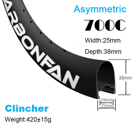 Depth:38mm Width:25mm Clincher Asymmetric tubeless Ready 700C CX carbon road rims