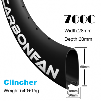 Depth:60mm Width:28mm Clincher U-shape 700C carbon road rims Tubeless ready