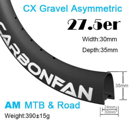 Width:30mm Depth:35mm 27.5er (650B) Hookless Asymmetric CX Gravel carbon mountain bike rim All Mountain