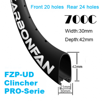 Width:30mm Depth:42mm FZP-UD Clincher 700C Road Rim / Wheels Tubeless Ready PRO-Serie Front 20H & Rear 24H