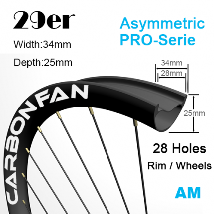 28 Holes Width:34mm Depth:25mm Asymmetric 29er Mountain Bike Rim / Wheels All Mountain Hookless Tubeless Ready PRO-Serie