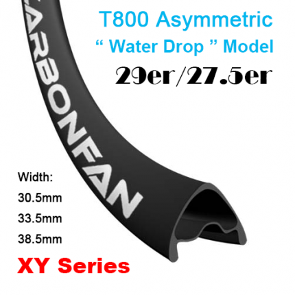 "Water Drop" Model T800 Tubeless Asymmetric Carbon Mountain Bike Rim XY series ( Width: 30.5mm, 33.5mm, 38.5mm )
